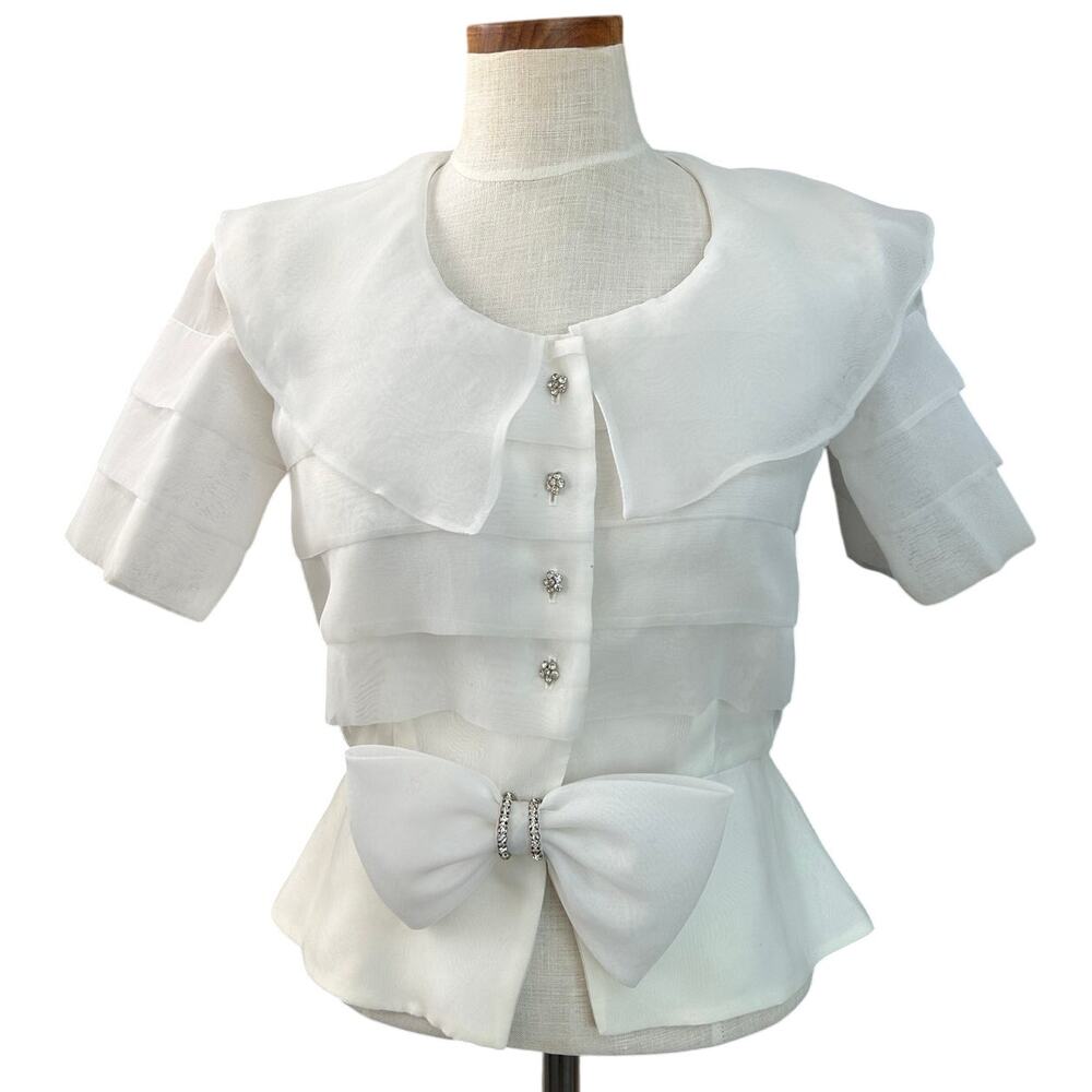 Gorgeous Vintage Organza Silk Ann Hobbs Cattiva Tier Bow Blouse SIZE S Couture